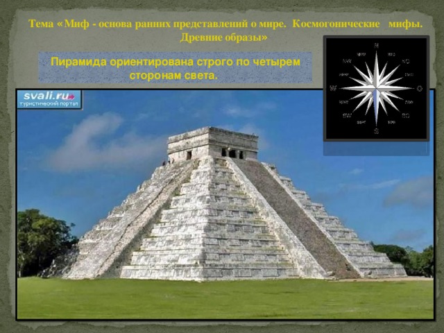 Тема « Миф - основа ранних представлений о мире. Космогонические мифы. Древние образы »  Пирамида ориентирована строго по четырем сторонам света.