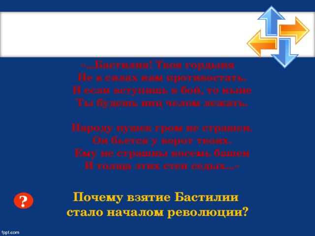 «...Бастилия! Твоя гордыня  Не в силах нам противостать.  И если вступишь в бой, то ныне  Ты будешь ниц челом лежать.   Народу пушек гром не страшен.  Он бьется у ворот твоих.  Ему не страшны восемь башен  И толща этих стен седых...» Почему взятие Бастилии стало началом революции? ?