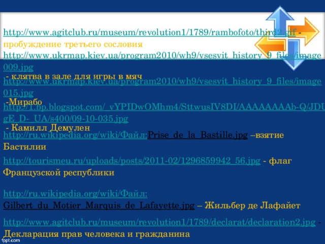 http://www.agitclub.ru/museum/revolution1/1789/rambofoto/third2.gif  - пробуждение третьего сословия http://www.ukrmap.kiev.ua/program2010/wh9/vsesvit_history_9_files/image009.jpg  - клятва в зале для игры в мяч http://www.ukrmap.kiev.ua/program2010/wh9/vsesvit_history_9_files/image015.jpg  -Мирабо http://1.bp.blogspot.com/_vYPIDwOMhm4/SttwusIV8DI/AAAAAAAAb-Q/JDUgE_D-_UA/s400/09-10-035.jpg  - Камилл Демулен http://ru.wikipedia.org/wiki/ Файл: Prise_de_la_Bastille.jpg  – взятие Бастилии http://tourismeu.ru/uploads/posts/2011-02/1296859942_56.jpg  - флаг Французской республики http://ru.wikipedia.org/wiki/ Файл: Gilbert_du_Motier_Marquis_de_Lafayette.jpg  – Жильбер де Лафайет http://www.agitclub.ru/museum/revolution1/1789/declarat/declaration2.jpg  - Декларация прав человека и гражданина