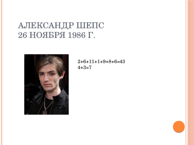 Александр Шепс  26 ноября 1986 г. 2+6+11+1+9+8+6=43 4+3=7