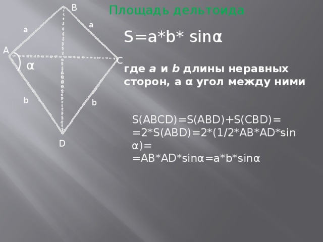 Площадь дельтоида B a a S=a*b* sinα A C α где a и b длины неравных сторон, а α угол между ними b b S(ABCD)=S(ABD)+S(CBD)= =2*S(ABD)=2*(1/2*AB*AD*sinα)= =AB*AD*sinα=a*b*sinα D