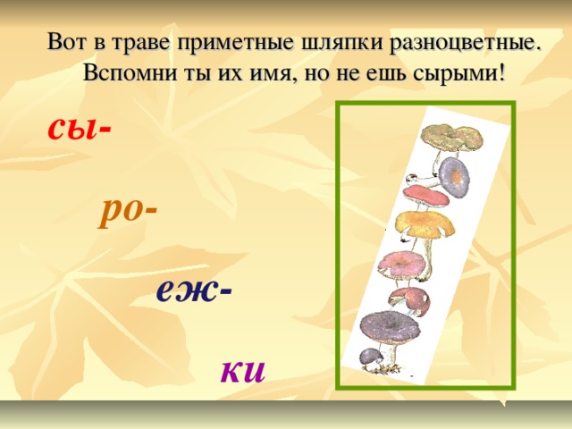 Вот в траве приметные шляпки разноцветные. Вспомни ты их имя, но не ешь сырыми! сы-   ро-  еж-  ки