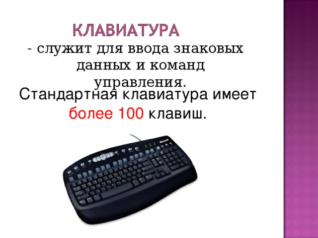 - служит для ввода знаковых данных и команд управления. Стандартная клавиатура имеет более 100 клавиш.
