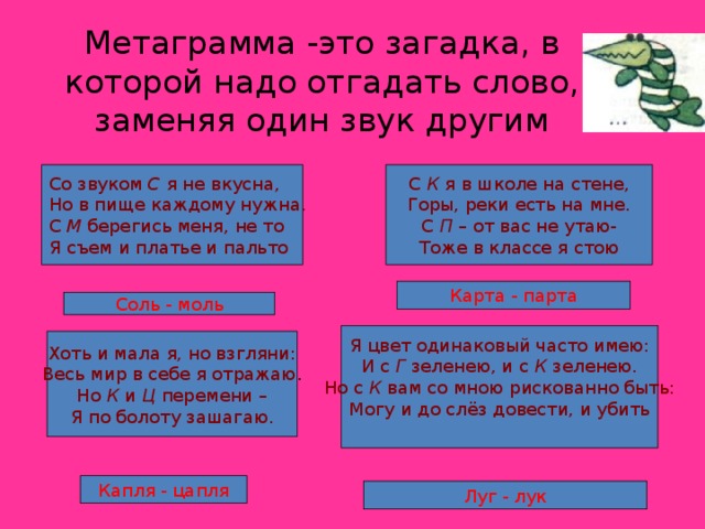 Метаграмма -это загадка, в которой надо отгадать слово, заменяя один звук другим Со звуком С я не вкусна, Но в пище каждому нужна. С М берегись меня, не то Я съем и платье и пальто С К я в школе на стене, Горы, реки есть на мне. С П – от вас не утаю- Тоже в классе я стою Карта - парта Соль - моль Я цвет одинаковый часто имею: И с Г зеленею, и с К зеленею. Но с К вам со мною рискованно быть: Могу и до слёз довести, и убить Хоть и мала я, но взгляни: Весь мир в себе я отражаю . Но К и Ц перемени – Я по болоту зашагаю. Капля - цапля Луг - лук