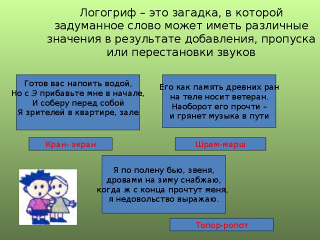 Логогриф – это загадка, в которой задуманное слово может иметь различные значения в результате добавления, пропуска или перестановки звуков Готов вас напоить водой, Но с Э прибавьте мне в начале, И соберу перед собой Я зрителей в квартире, зале Его как память древних ран на теле носит ветеран. Наоборот его прочти – и грянет музыка в пути Кран- экран Шрам-марш Я по полену бью, звеня, дровами на зиму снабжаю, когда ж с конца прочтут меня, я недовольство выражаю. Топор-ропот