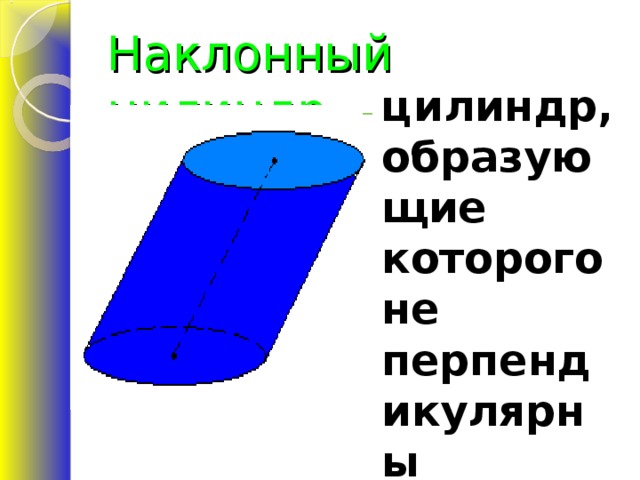 Наклонный цилиндр – цилиндр, образующие которого не перпендикулярны плоскостям его оснований.