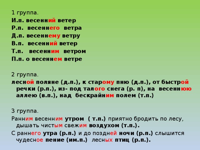 1 группа. И.п. весенн ий ветер Р.п. весенн его ветра Д.п. весенн ему ветру В.п. весенн ий ветер Т.п. весенн им ветром П.п. о весенн ем ветре 2 группа. лесн ой поляне (д.п.), к стар ому пню (д.п.), от быстр ой речки (р.п.), из- под тал ого снега (р. п), на весенн юю аллею (в.п.), над бескрайн им полем (т.п.)   3 группа. Ранн им весенн им утром ( т.п.) приятно бродить по лесу, дышать  чист ым свеж им  воздухом (т.п.). С ранн его утра (р.п.) и до поздн ей ночи (р.п.) слышится чудесн ое  пение (им.п.) лесн ых птиц (р.п.).