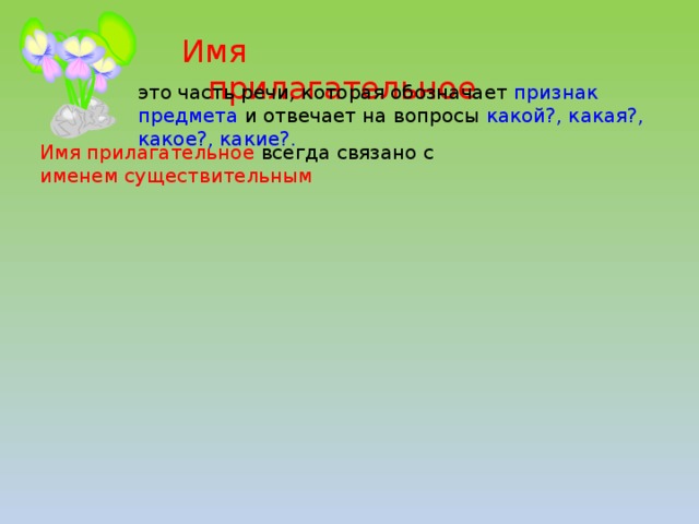 Имя прилагательное это часть речи, которая обозначает признак предмета и отвечает на вопросы какой?, какая?, какое?, какие?. Имя прилагательное  всегда связано с  именем существительным