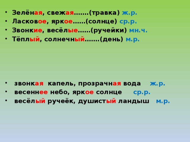 Зелён ая , свеж ая …….(травка) ж.р. Ласков ое , ярк ое ……(солнце) ср.р. Звонк ие , весёл ые ……(ручейки) мн.ч. Тёпл ый , солнечн ый …….(день) м.р.  звонк ая капель, прозрачн ая вода ж.р.  весенн ее небо, ярк ое солнце ср.р.  весёл ый ручеёк, душист ый ландыш м.р.