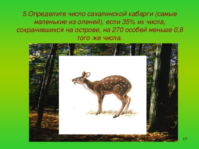 5.Определите число сахалинской кабарги (самые маленькие из оленей), если 35% их числа, сохранившихся на острове, на 270 особей меньше 0,8  того же числа.