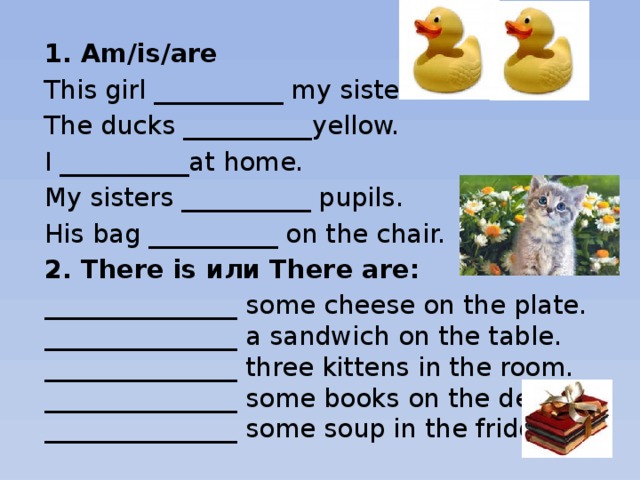 1. Am/is/are This girl __________ my sister. The ducks __________yellow. I __________at home. My sisters __________ pupils. His bag __________ on the chair. 2. There is или There are: _______________ some cheese on the plate. _______________ a sandwich on the table. _______________ three kittens in the room. _______________ some books on the desk. _______________ some soup in the fridge.