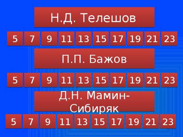 Н.Д. Телешов 13 21 19 15 23 11 9 7 5 17 П.П. Бажов 13 21 19 17 15 9 11 7 5 23 Д.Н. Мамин-Сибиряк 23 5 7 9 11 13 15 17 19 21