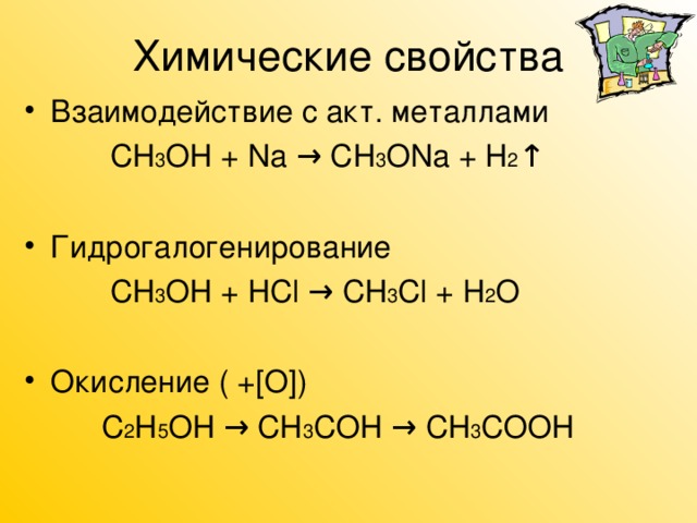 Химические свойства Взаимодействие с акт. металлами   СН 3 ОН + Na → СН 3 О Na + H 2 ↑ Гидрогалогенирование  СН 3 ОН + HCl → СН 3 Cl + H 2 O Окисление ( + [ О ] )  С 2 Н 5 ОН → СН 3 СОН → СН 3 СООН