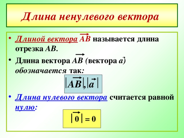Длина ненулевого вектора  Длиной вектора АВ называется длина отрезка АВ. Длина вектора АВ ( вектора а) обозначается так :  АВ , а Длина нулевого вектора считается равной нулю :  = 0 0