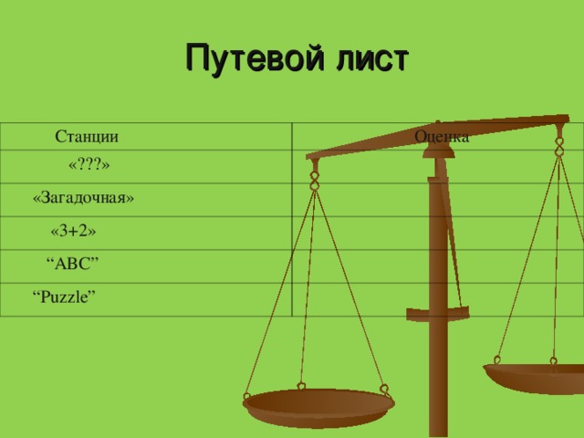 Путевой лист  Станции  Оценка  «???»  «Загадочная»  «3+2» “ ABC” “ Puzzle”