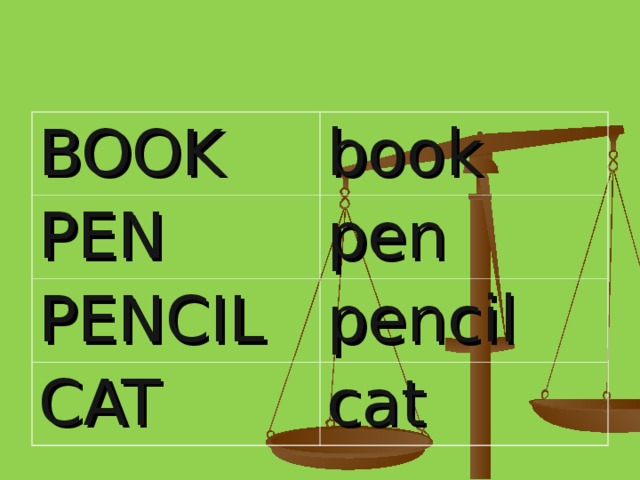 BOOK  book PEN  pen PENCIL  pencil CAT  cat