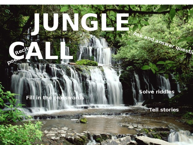Recite poems Ask and answer questions  JUNGLE CALL Solve riddles Fill in the crosswords  Tell stories