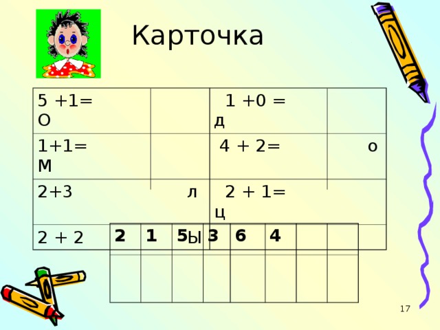 Карточка   5 +1= О  1 +0 = д 1+1= М  4 + 2= о 2+3 л 2 + 2 Ы  2 + 1= ц 2 1 5 3 6 4