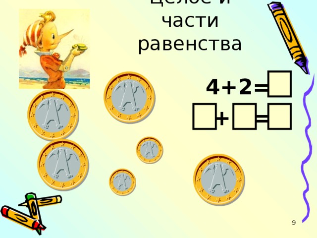 Целое и части равенства 4+2=  + =