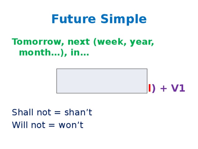 Future Simple Tomorrow, next (week, year, month…), in…  will ( shall ) + V1 Shall not = shan’t Will not = won’t