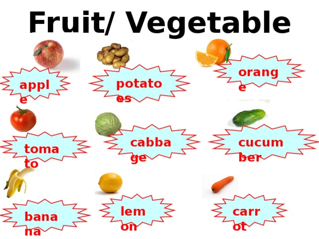 Fruit/ Vegetable orange potatoes apple cucumber cabbage tomato carrot lemon banana