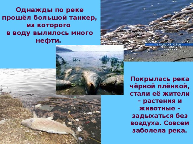 Однажды по реке прошёл большой танкер, из которого  в воду вылилось много нефти.  Покрылась река чёрной плёнкой, стали её жители – растения и животные – задыхаться без воздуха. Совсем заболела река.