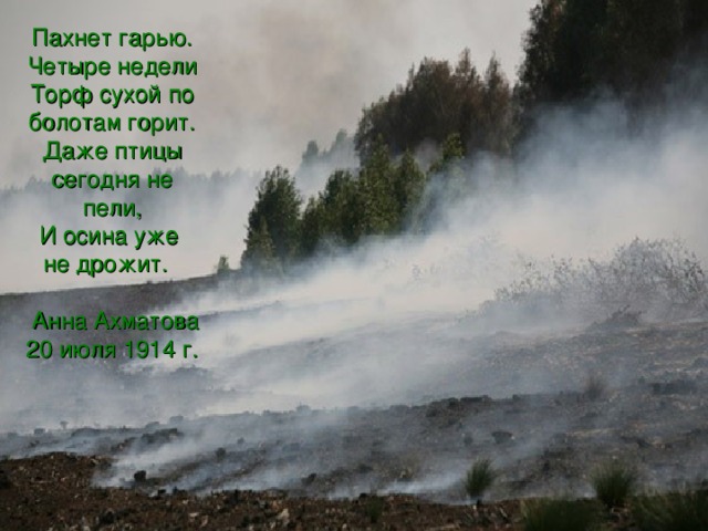 Пахнет гарью. Четыре недели Торф сухой по болотам горит. Даже птицы сегодня не пели, И осина уже не дрожит.  Анна Ахматова 20 июля 1914 г.  