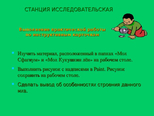 СТАНЦИЯ ИССЛЕДОВАТЕЛЬСКАЯ Выполнение практической работы по инструктивным карточкам