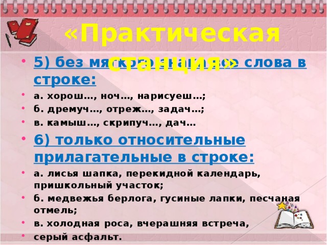 «Практическая станция» 5) без мягкого знака все слова в строке: а. хорош…, ноч…, нарисуеш…; б. дремуч…, отреж…, задач…; в. камыш…, скрипуч…, дач… 6) только относительные прилагательные в строке: а. лисья шапка, перекидной календарь, пришкольный участок; б. медвежья берлога, гусиные лапки, песчаная отмель; в. холодная роса, вчерашняя встреча, серый асфальт.