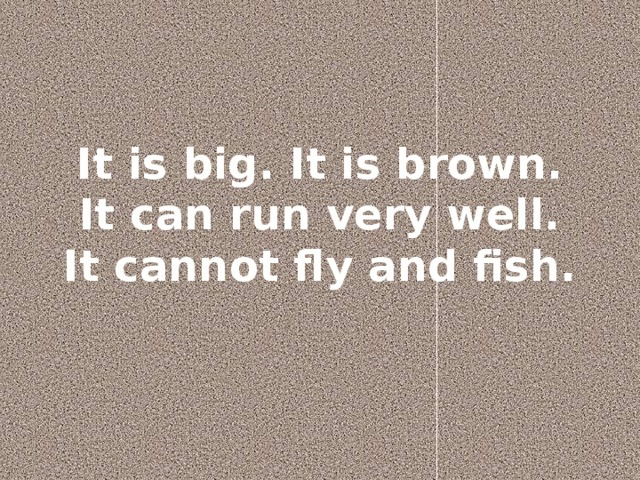 It is big. It is brown. It can run very well. It cannot fly and fish.