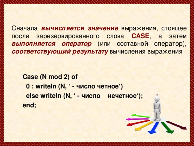 Сначала вычисляется значение выражения, стоящее после зарезервированного слова CASE , а затем выполняется оператор (или составной оператор), соответствующий результату вычисления выражения Case ( N mod 2 ) of  0 : writeln (N, ‘ - число четное‘)  else writeln (N, ‘ - число нечетное‘); end;