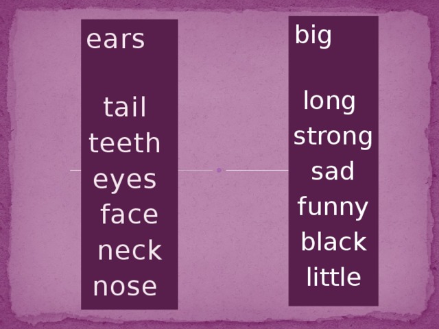 big long strong sad funny black little ears tail teeth eyes face neck nose