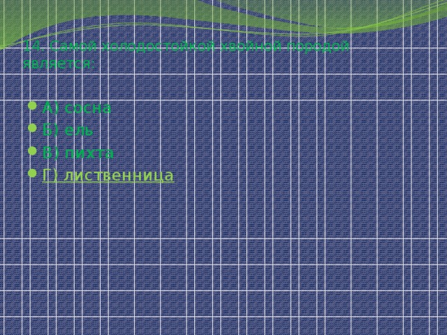 14. Самой холодостойкой хвойной породой является: