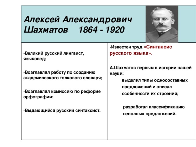 Алексей Александрович  Шахматов 1864 - 1920 Великий русский лингвист, языковед;  Возглавлял работу по созданию академического толкового словаря;  Возглавлял комиссию по реформе орфографии;  Выдающийся русский синтаксист. -Известен труд «Синтаксис русского языка». А.Шахматов первым в истории нашей науки:  выделил типы односоставных  предложений и описал  особенности их строения;  разработал классификацию  неполных предложений.