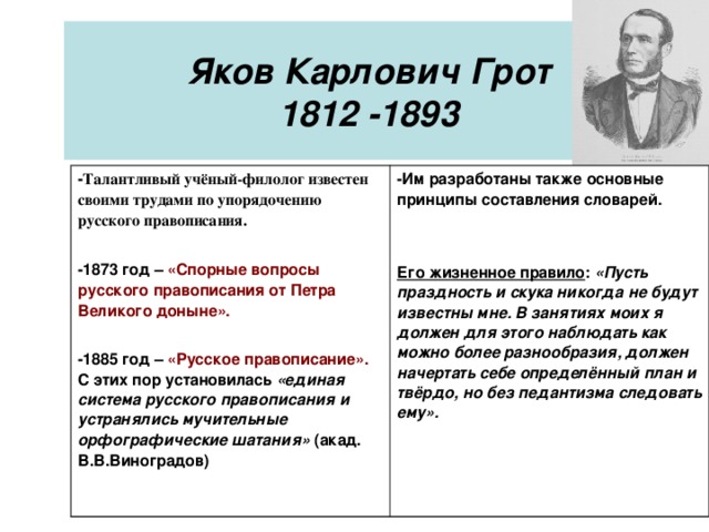 Яков Карлович Грот  1812 -1893 - Талантливый учёный-филолог известен своими трудами по упорядочению русского правописания. -Им разработаны также основные принципы составления словарей. Его жизненное правило : «Пусть праздность и скука никогда не будут известны мне. В занятиях моих я должен для этого наблюдать как можно более разнообразия, должен начертать себе определённый план и твёрдо, но без педантизма следовать ему». -1873 год – «Спорные вопросы русского правописания от Петра Великого доныне». -1885 год – «Русское правописание». С этих пор установилась «единая система русского правописания и устранялись мучительные орфографические шатания» (акад. В.В.Виноградов)