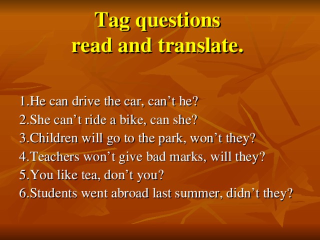 Tag questions  read and translate. 1. He can drive the car, can’t he? 2. She can’t ride a bike, can she? 3. Children will go to the park, won’t they? 4. Teachers won’t give bad marks, will they? 5. You like tea, don’t you? 6. Students went abroad last summer, didn’t they?
