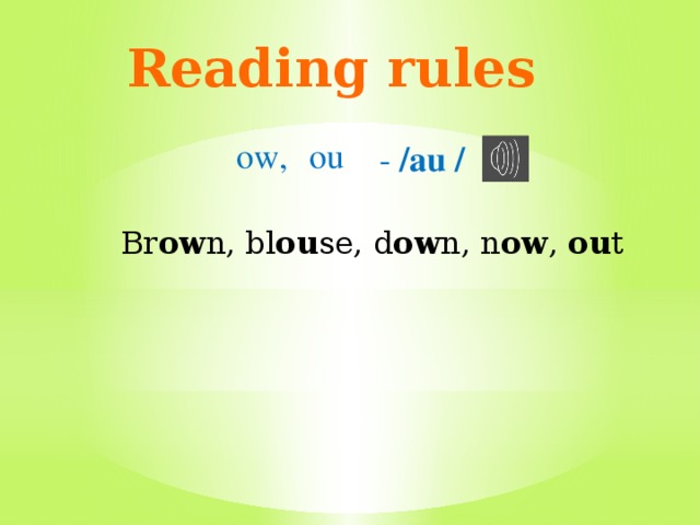 Reading rules ow, ou - / au / Br ow n, bl ou se, d ow n, n ow , ou t