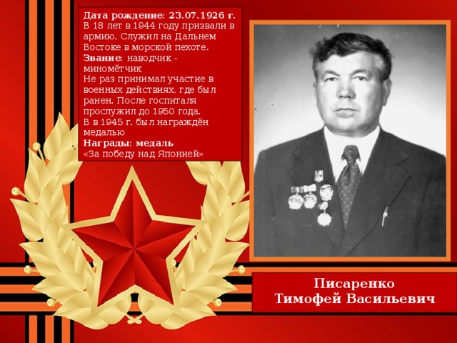 Дата рождение: 23.07.1926 г. В 18 лет в 1944 году призвали в армию. Служил на Дальнем Востоке в морской пехоте. Звание: наводчик - миномётчик Не раз принимал участие в военных действиях, где был ранен. После госпиталя прослужил до 1950 года. В в 1945 г. был награждён медалью Награды: медаль «За победу над Японией» Писаренко Тимофей Васильевич