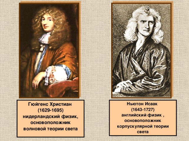 Гюйгенс Христиан (1629-1695) нидерландский физик, основоположник волновой теории света Ньютон Исаак (1643-1727) английский физик , основоположник корпускулярной теории света