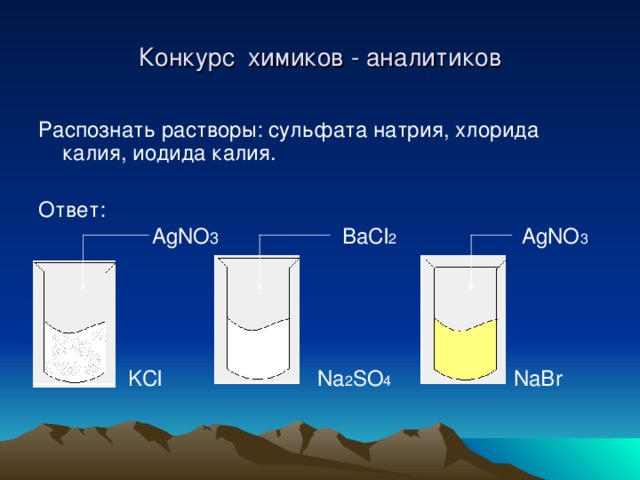 Конкурс химиков - аналитиков Распознать растворы: сульфата натрия, хлорида калия, иодида калия. Ответ:  AgNO 3 BaCl 2 AgNO 3  KCl Na 2 SO 4 NaBr