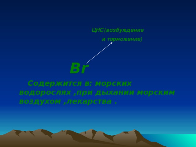 ЦНС(возбуждение  и торможение)   Br  Содержится в: морских водорослях ,при дыхании морским воздухом ,лекарства .