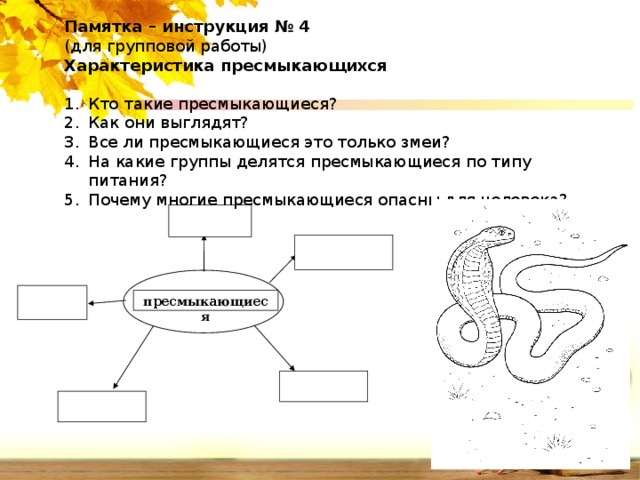 Памятка – инструкция № 4 (для групповой работы) Характеристика пресмыкающихся   Кто такие пресмыкающиеся? Как они выглядят? Все ли пресмыкающиеся это только змеи? На какие группы делятся пресмыкающиеся по типу питания? Почему многие пресмыкающиеся опасны для человека? пресмыкающиеся