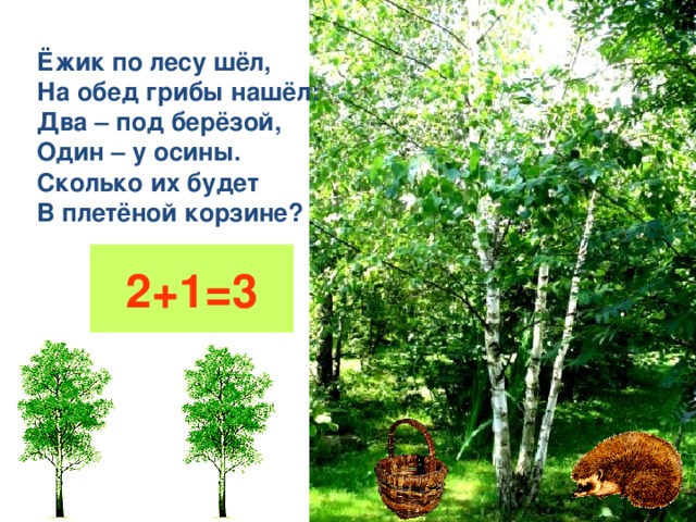 Ёжик по лесу шёл,  На обед грибы нашёл:  Два – под берёзой,  Один – у осины.  Сколько их будет  В плетёной корзине? 2+1=3