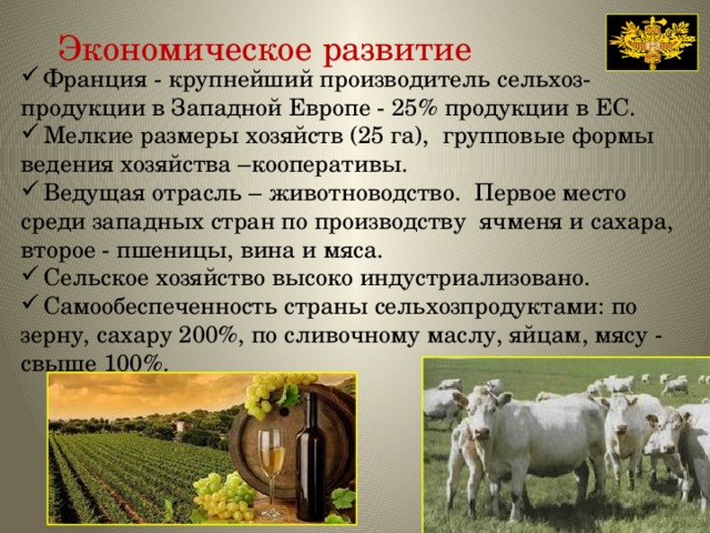 Экономическое развитие Франция - крупнейший производитель сельхоз- продукции в Западной Европе - 25% продукции в ЕС. Мелкие размеры хозяйств (25 га), групповые формы ведения хозяйства –кооперативы. Ведущая отрасль – животноводство. Первое место среди западных стран по производству ячменя и сахара, второе - пшеницы, вина и мяса. Сельское хозяйство высоко индустриализовано. Самообеспеченность страны сельхозпродуктами: по зерну, сахару 200%, по сливочному маслу, яйцам, мясу - свыше 100%.