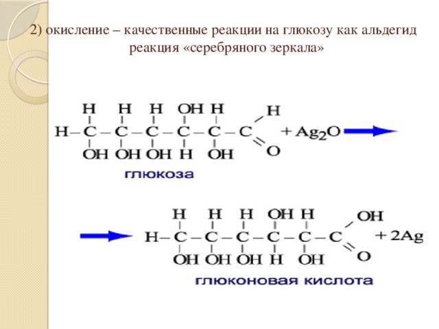 2) окисление – качественные реакции на глюкозу как альдегид  реакция «серебряного зеркала»