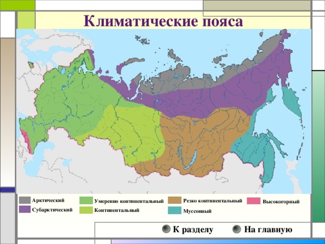 Климатические пояса Арктический Резко континентальный Умеренно континентальный Высокогорный Субарктический Континентальный Муссонный На главную К разделу