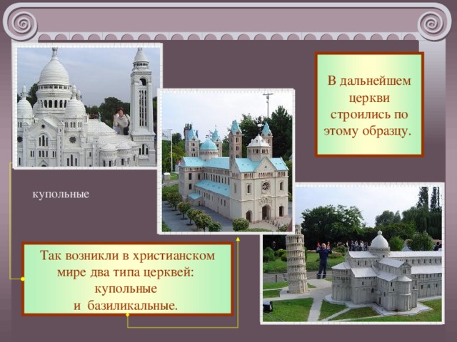 В дальнейшем церкви строились по этому образцу. купольные Так возникли в христианском мире два типа церквей:  купольные  и базиликальные.