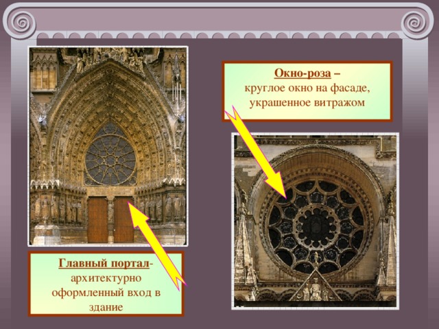 Окно-роза –  круглое окно на фасаде, украшенное витражом Главный портал -архитектурно оформленный вход в здание