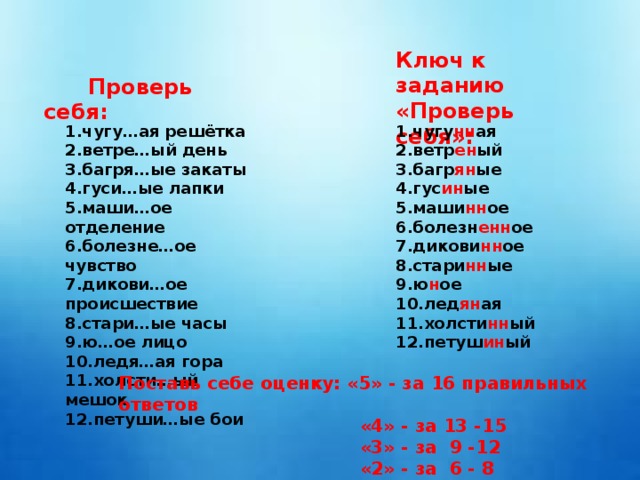 Ключ к заданию «Проверь себя»:  Проверь себя: чугу…ая решётка ветре…ый день багря…ые закаты гуси…ые лапки маши…ое отделение болезне…ое чувство дикови…ое происшествие стари…ые часы ю…ое лицо ледя…ая гора холсти…ый мешок петуши…ые бои чугу нн ая ветр ен ый багр ян ые гус ин ые маши нн ое болезн енн ое дикови нн ое стари нн ые ю н ое лед ян ая холсти нн ый петуш ин ый Поставь себе оценку: «5» - за 16 правильных ответов  «4» - за 13 -15  «3» - за 9 -12  «2» - за 6 - 8