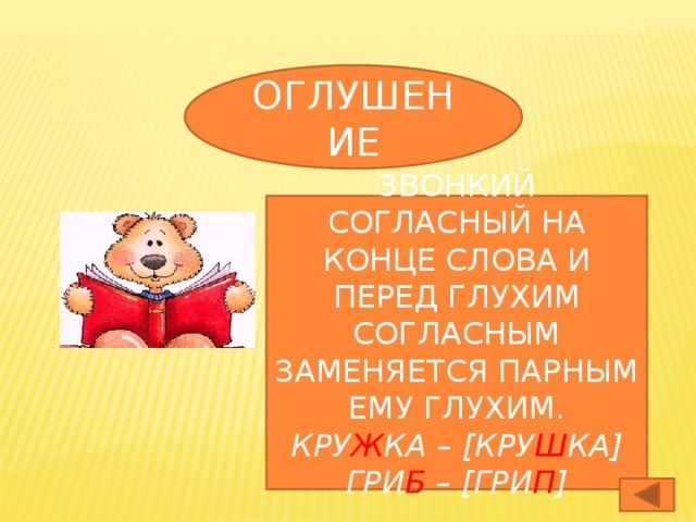 ОГЛУШЕНИЕ ЗВОНКИЙ СОГЛАСНЫЙ НА КОНЦЕ СЛОВА И ПЕРЕД ГЛУХИМ СОГЛАСНЫМ ЗАМЕНЯЕТСЯ ПАРНЫМ ЕМУ ГЛУХИМ. КРУ Ж КА – [КРУ Ш КА] ГРИ Б – [ГРИ П ]